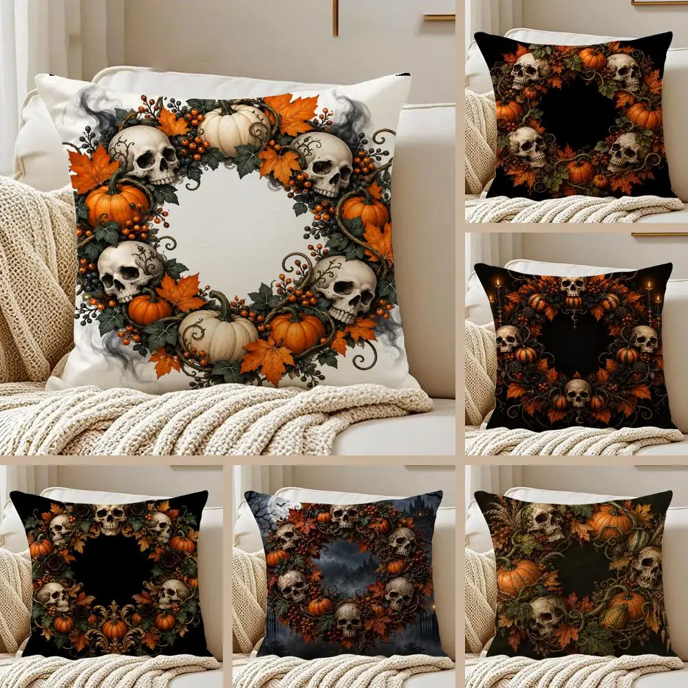 Hallowee Skull Wreath Cushion Cover Pillowcase Anti-dustmite Invisible Zipper Short Plush Sofa Cushion