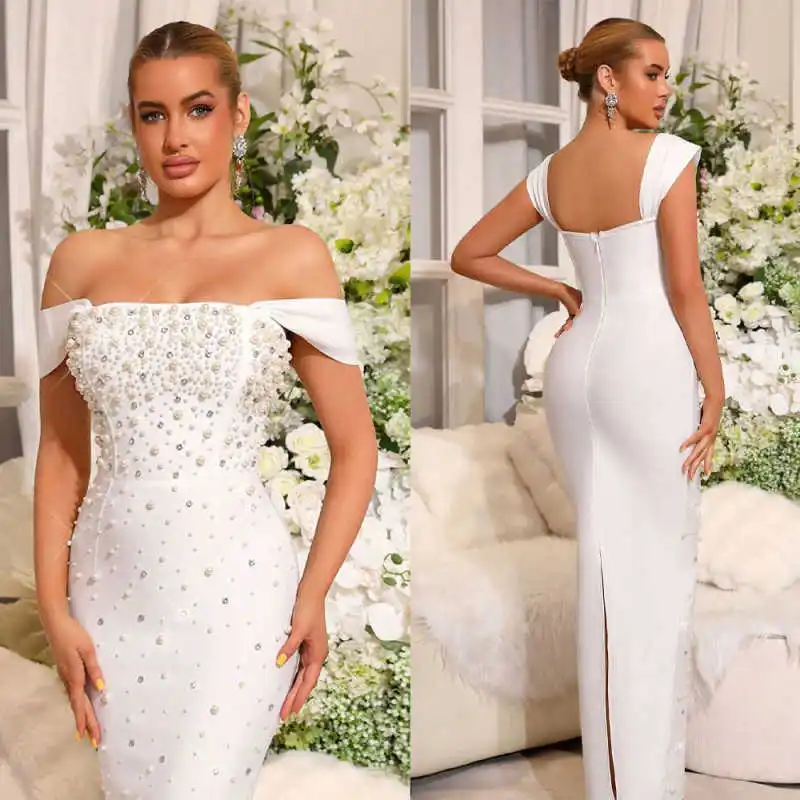 

Элегантные свадебные платья-русалки из атласа с жемчугом и бисером, с открытыми плечами, на заказ