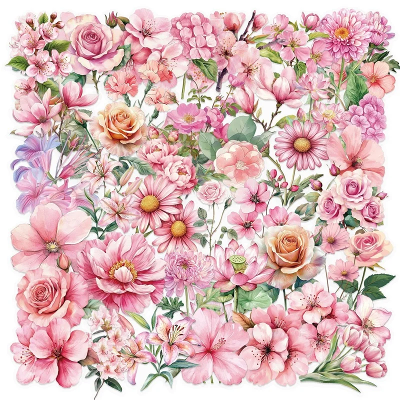 

50PCS Fresh Pink Flowers PET Sticker Aesthetic Decoration Scrapbooking Stationery DIY Hand Accounting Supplies for Kids