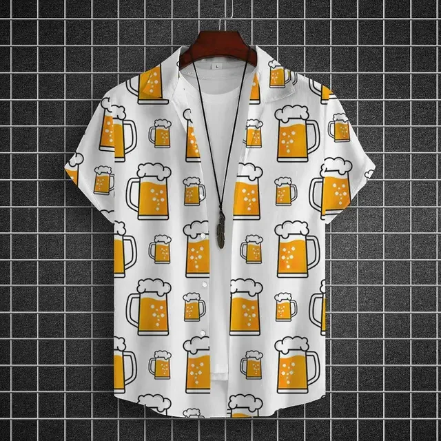 Camisa de manga curta estampada com cerveja 3D masculina, tops havaianos, camisetas soltas, roupas grandes para homens, camisas de festa, verão, casual