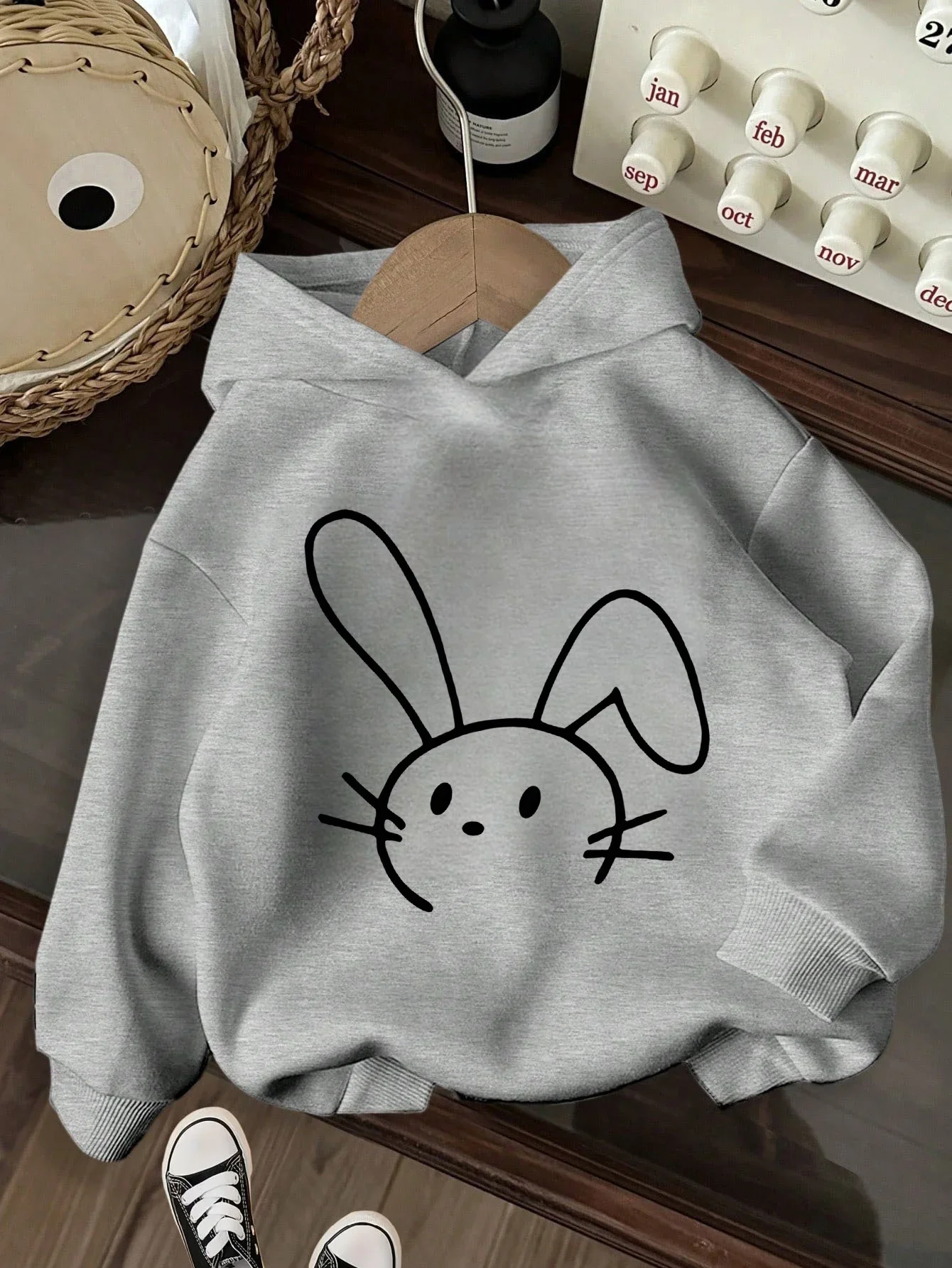 Kids Cute Bunny Hoodie Autumn Winter Fleece Lined Minimal Line Art Graphic Print Long Sleeve Warm Casual Pullover