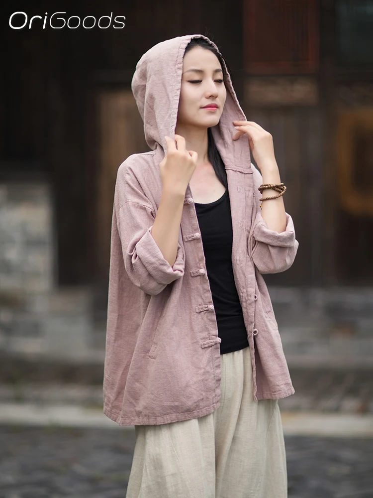 

OriGoods Long Sleeve Hooded Shirt Woman Ramie Cotton 2025 New Autumn Coat Woman Blouse Loose Vintage Chinese Style Clothes B338