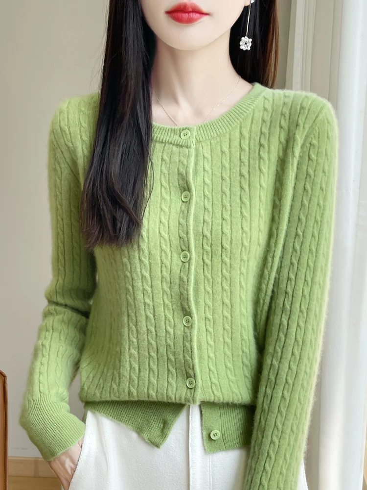 2024 Autumn Winter Women 100% Merino Wool Sweater O-Neck Twisted Button Knitted Cardigan Casual Basics Cashmere Clothing Top