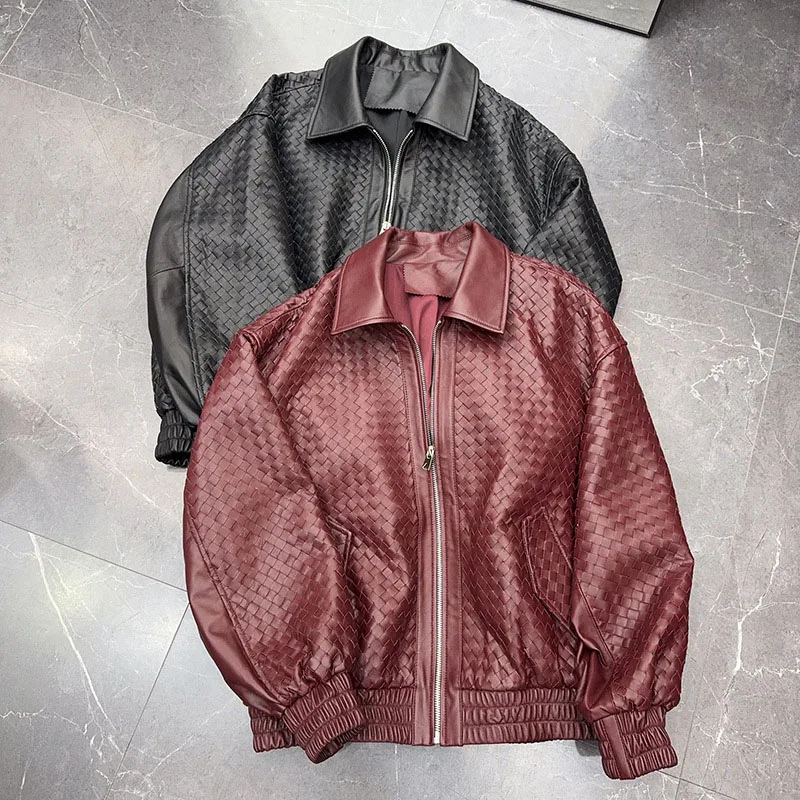 Giacca in pelle bordeaux Autunno Inverno Donna lavorata a mano Streetwear Cappotto in pelle di pecora allentata con cerniera vintage con risvolto Roupas Feminina