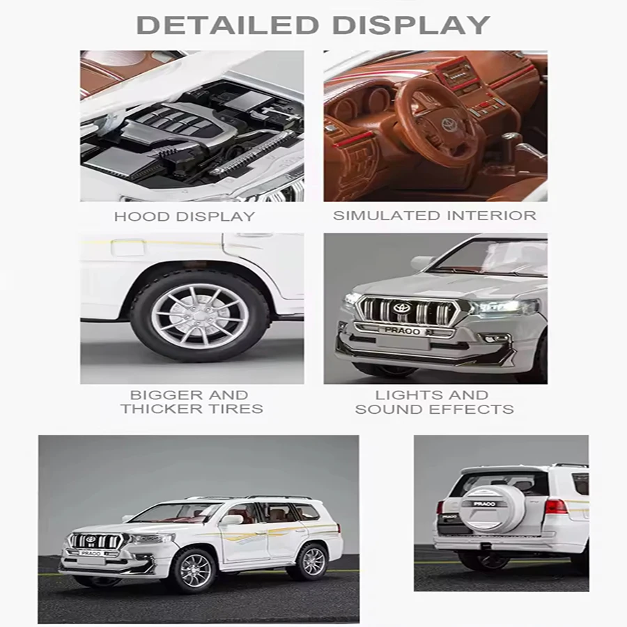 1:24 High Simitation Toyota Land Cruiser Off Road Diecast Model Sound Light Pull Back Toy Desktop Vehicle Model Ornaments Gift