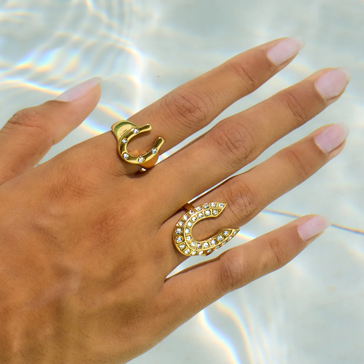 Ars الفولاذ المقاوم للصدأ على شكل حرف U خواتم 18 كيلو مطلية بالذهب مطعمة الزركون خاتم الحد الأدنى حلقة مفتوحة بيان خواتم هدايا للنساء