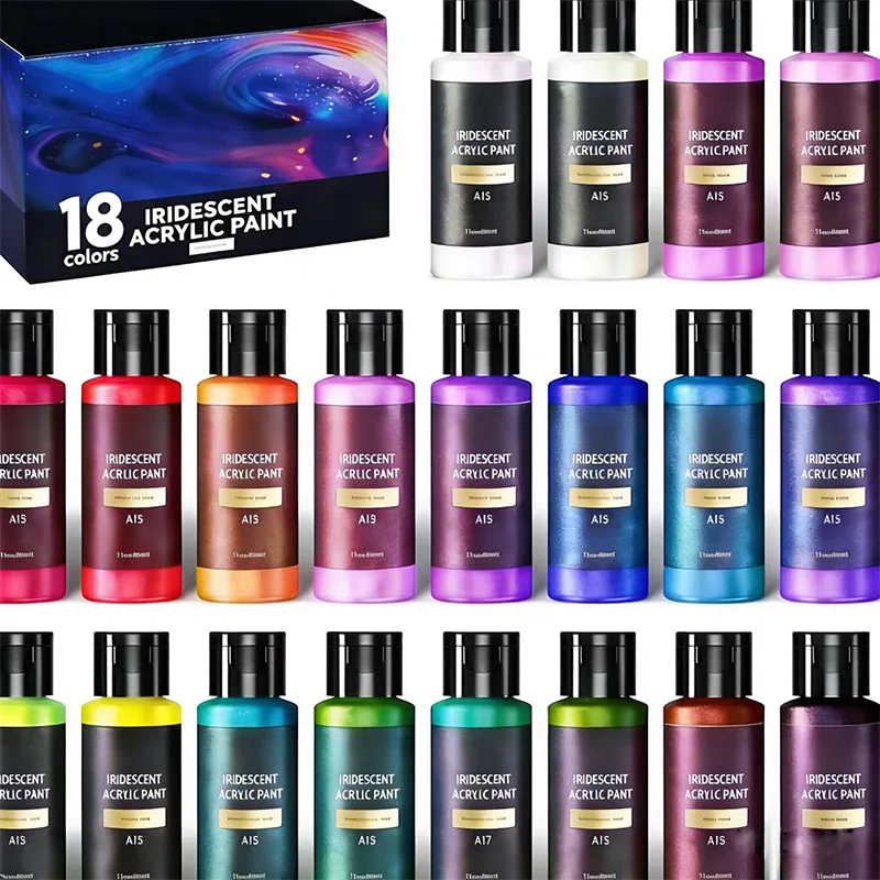 18 Colors Iridescent Acrylic Paint Set 60ml Chameleon Color Shift Pigment with 10 Brushes & Palette for Canvas Rock Wood DIY