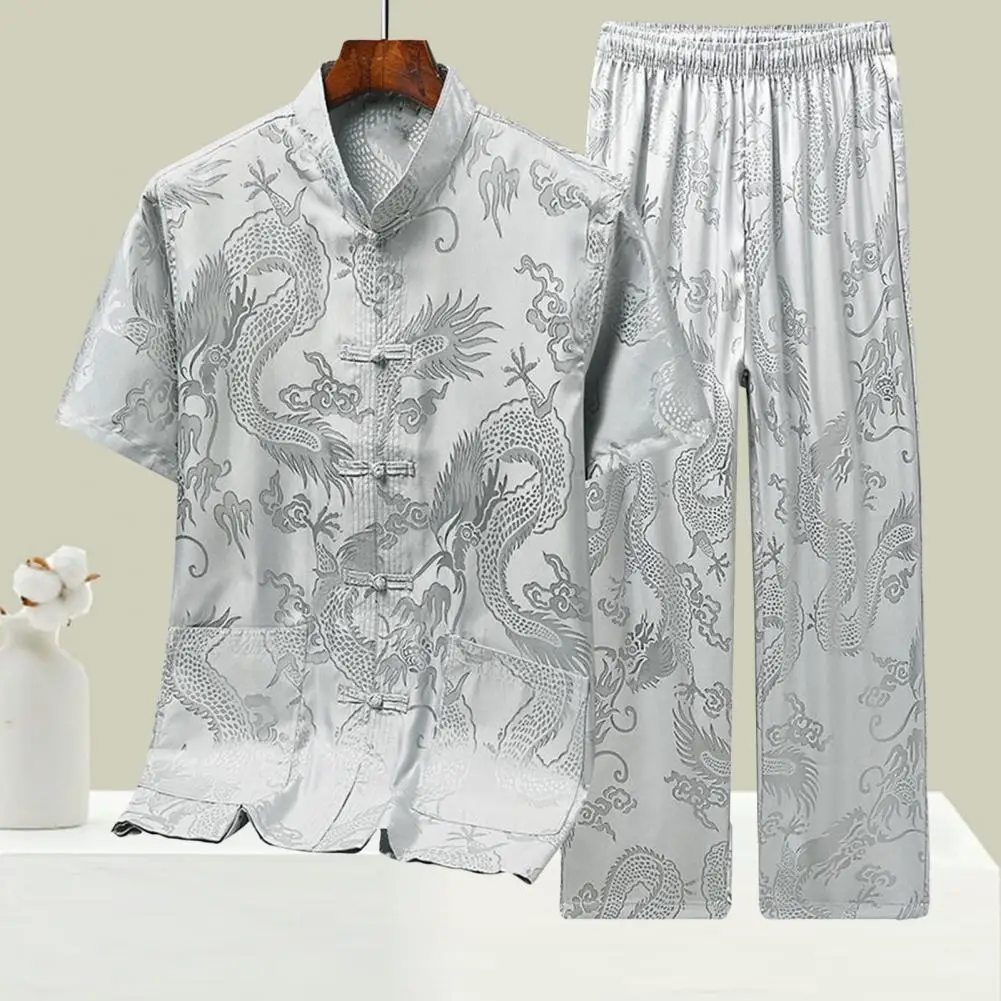 2Pcs Men Tang Suit Stand Collar Pockets Shirt Elastic Waist Wide Leg Long Pants Chinese Embroidery Dragon Kung Fu Tai Chi Outfit