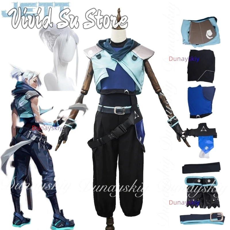 

VALORANT Game Jett Cosplay Duel Characters With White Horsetail Wig With The Blue Black Combat Uniform Cosplay 코스프레 Full Suit