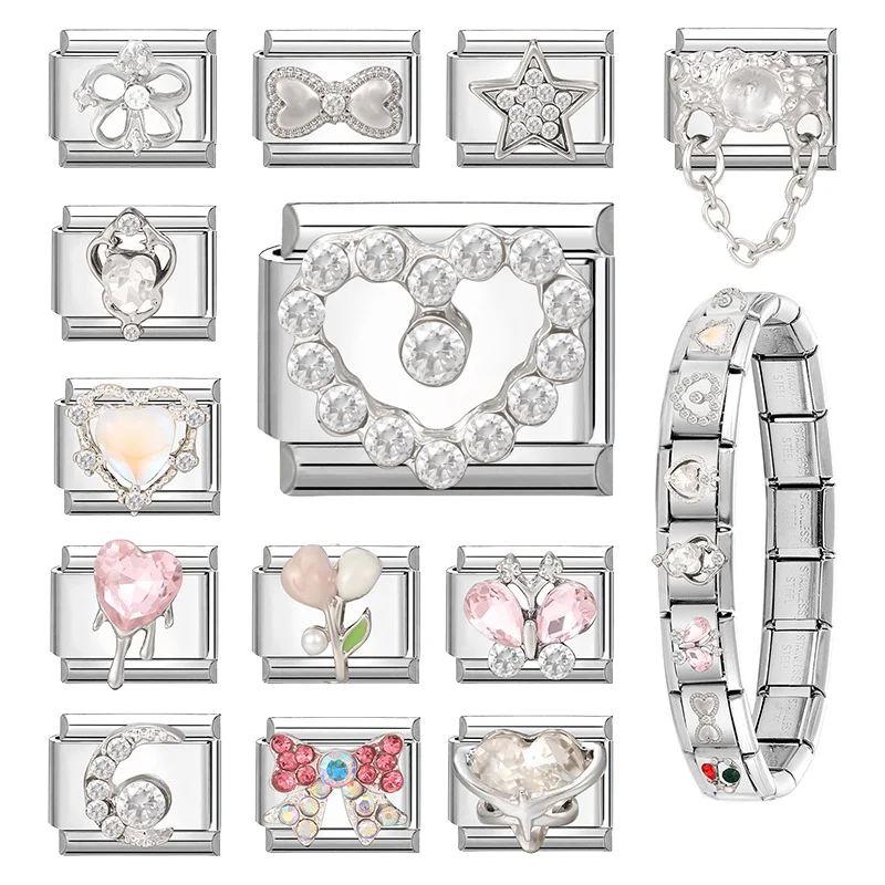 Brilliant Zircon Love Heart Bow Butterfly Stars Italian Charm Links Fit 9mm Stainless Steel Bracelet Women Jewelry DIY Making image 3