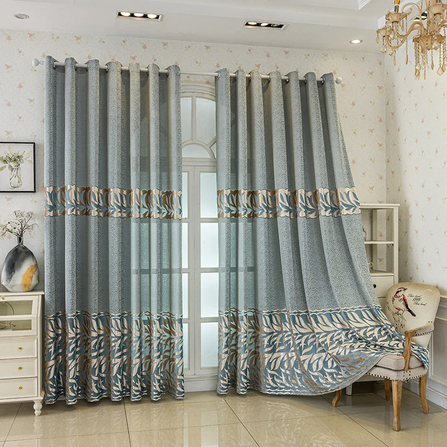 Jacquard Hollow Out Curtains in Blue, Modern and Simple Living Room and Bedroom Finished Curtains