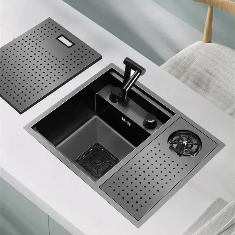 Hidden Cup Washer Bar Sink Stainless Steel Kitchen Sink Coffee Shop Multifunctional Wash Basin Mini Small Single Slot with Lid