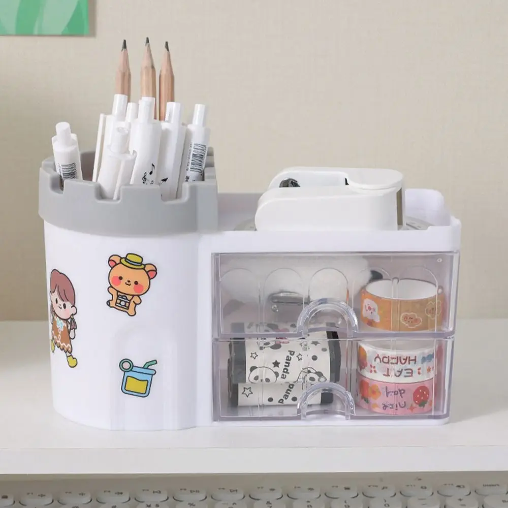 Plastic Pen Holder Drawer Style Castle Shape Storage Box Multifunctional Large Capacity Pen Container Back To School