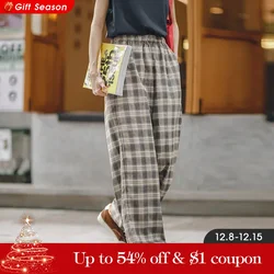 Maden Vintage Plaid Casual Pants for Women Elastic High Waist Straight Baggy Pants Korean Fashion Summer Loose Wide Leg Trousers