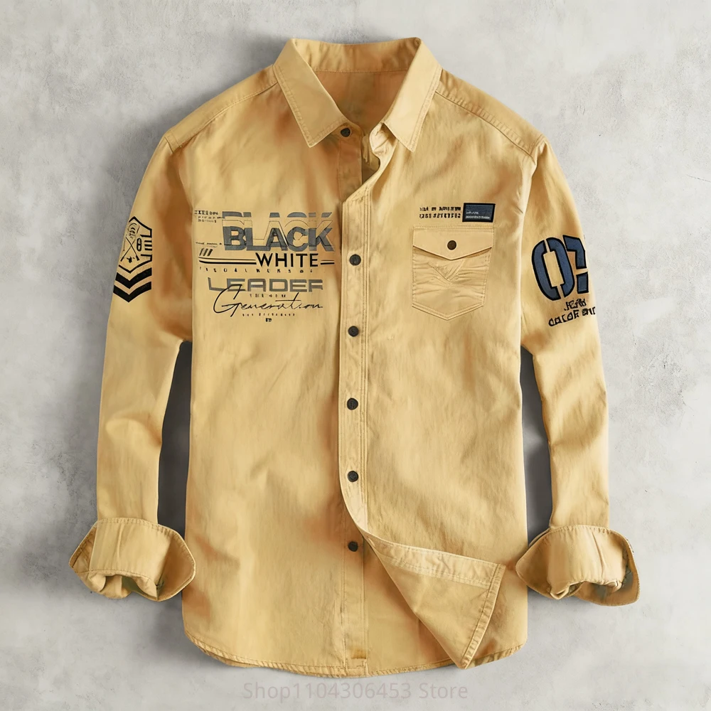 2025 Men's Retro Simple Letter 3D Printed Shirt Long Sleeve Lapel Flap Pocket 10 Colors Business Casual Fashion Top Outer Shirt