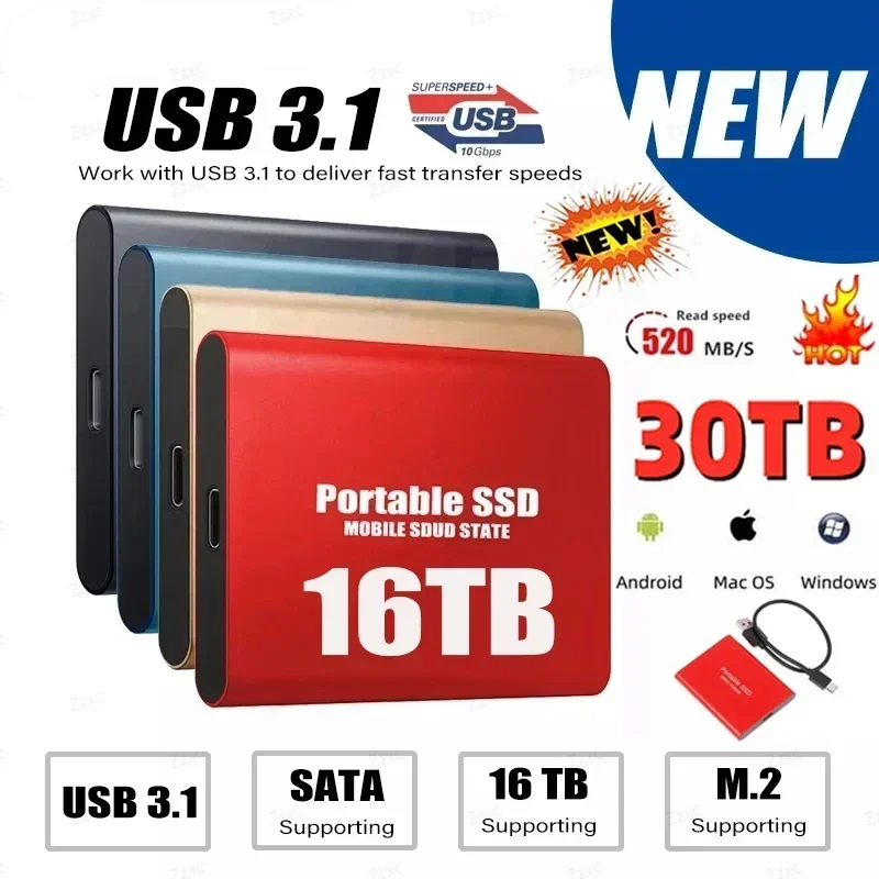 

HD External SSD 64TB Portable Hard Drive 4TB 8TB Hard Disks Type-C USB3.1 High Speed SSD 128TB Mass Storage Decive for Laptop