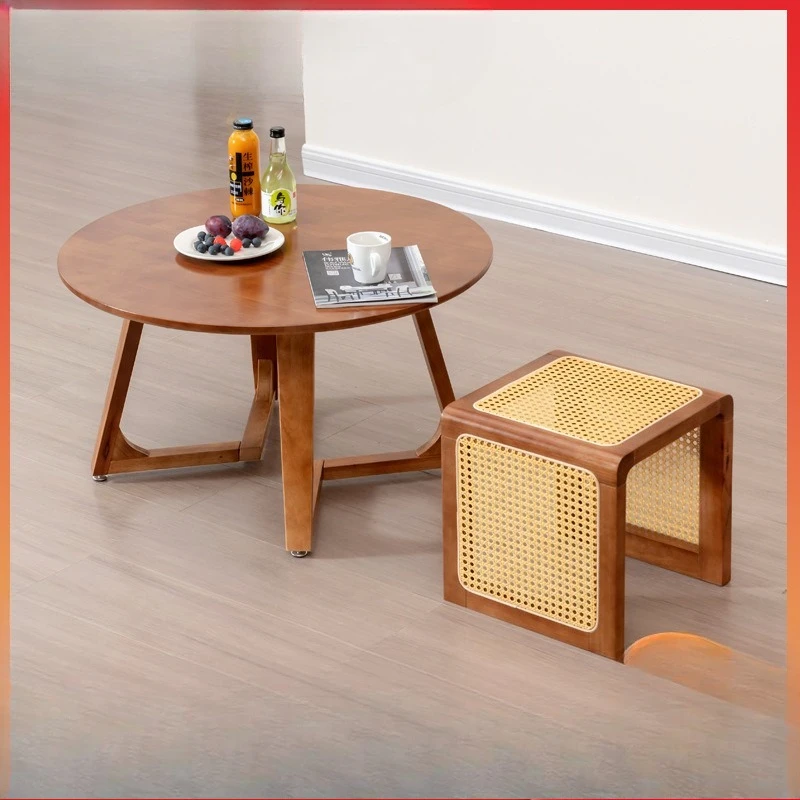 

Japanese solid wood coffee table rattan medieval bedside table home shoe change stool wabi sandy wind leisure living room