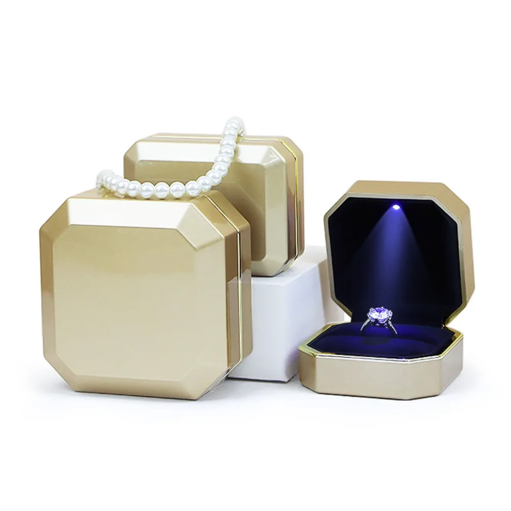 Luxury Jewelry Couple Ring Box Jewelry Organizer LED Light Jewelry Storage Cases Gift Packaging Wedding Ring Box