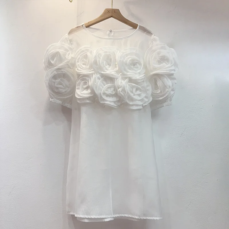 Robe en maille épissée à fleurs 3D pour femmes, patchwork de gaze, t-shirts floraux A-Line, poubelle éducative, été de luxe, 2024