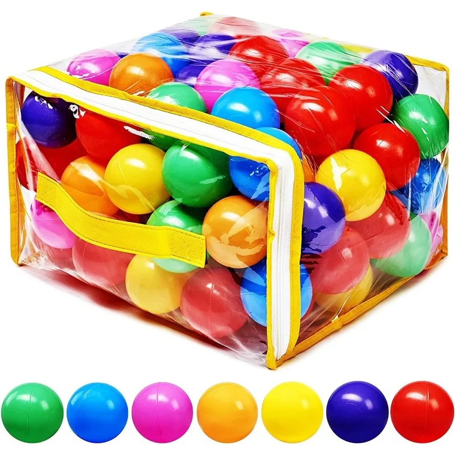 50個のボールピットボール、耐圧性プラスチック - 7つの明るい色、子供用再利用可能な遊び道具、収納袋付き