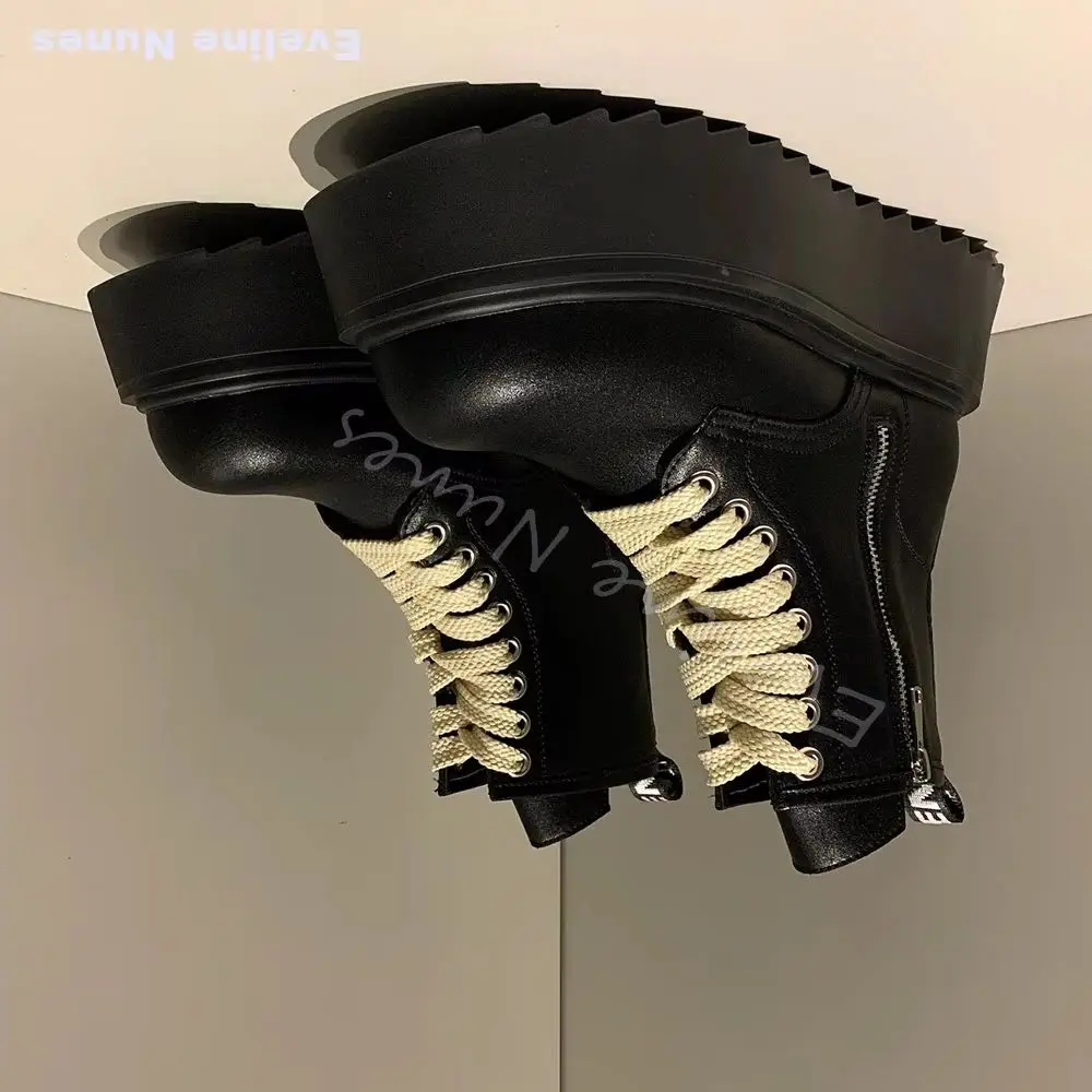 Botines negros de plataforma para mujer, con punta redonda, cordones y diseño tejido, suela de cuña súper gruesa de 7 cm, estilo Y2K, moda punk, botines cortos.