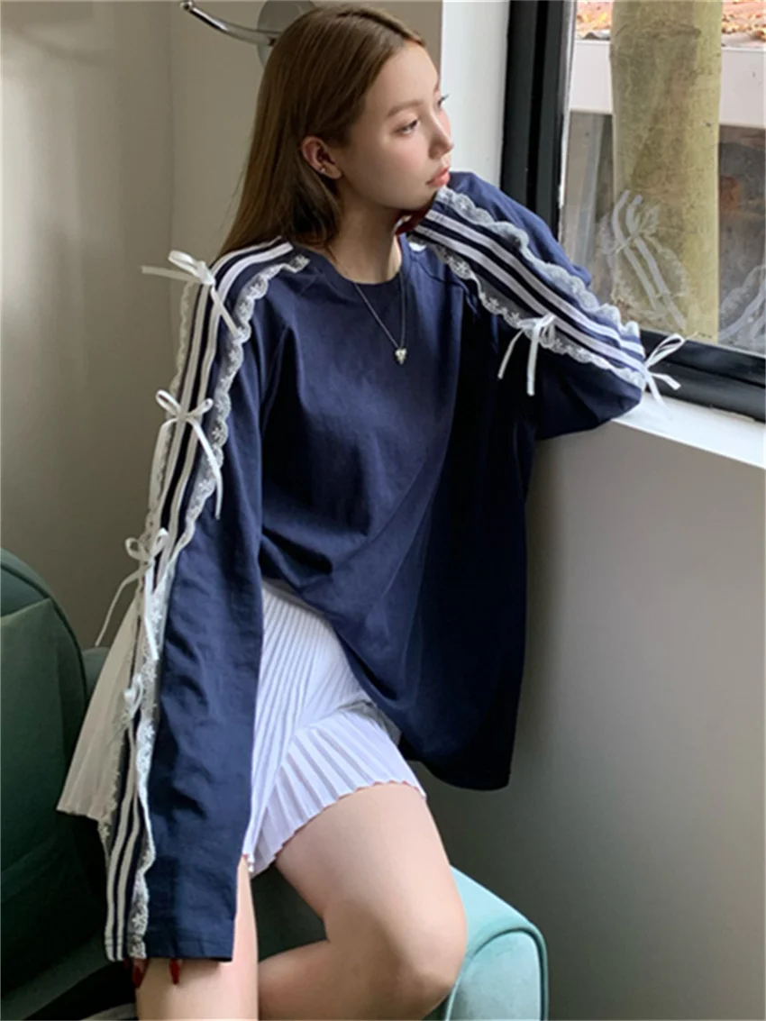 Alien Kitty Women Sweet T-Shirts Fashion Full Sleeve New Loose Autumn Gentle Bow Chic 2024 Streetwear All Match Sports Daily