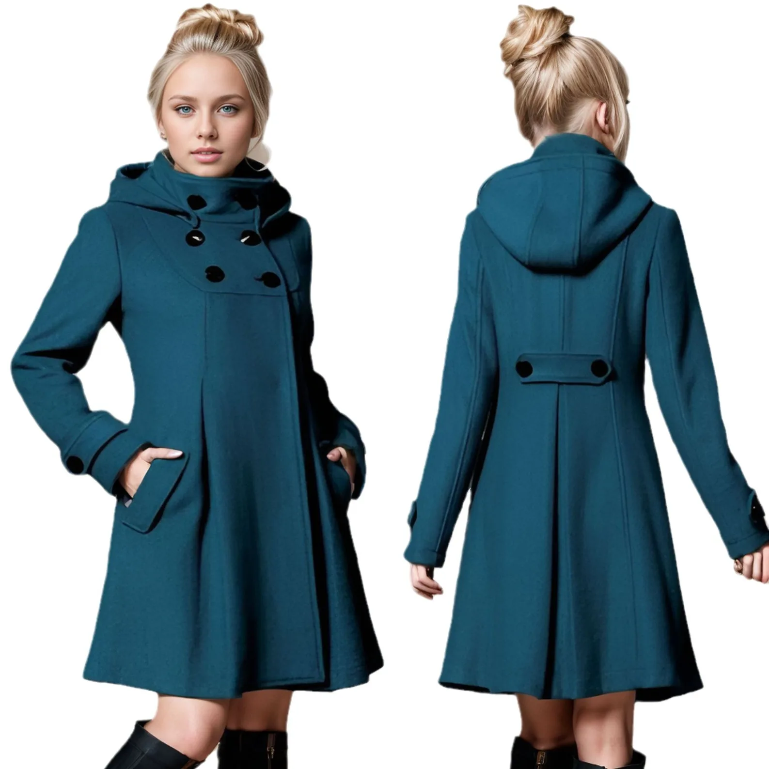 Long Sleeve Women's Woolen Coat with Hood and Double Breasted Buttons