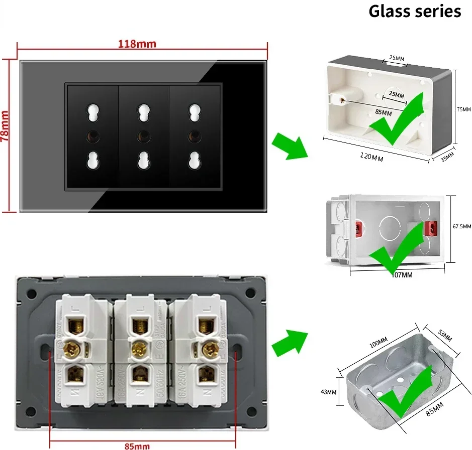 ميلري تشيلي إيطاليا القياسية الأسود الزجاج المقسى مكتب المنزل الاتحاد الأوروبي منفذ USB نوع C كوريا مقبس الحائط مفتاح ضغط الضوء 118