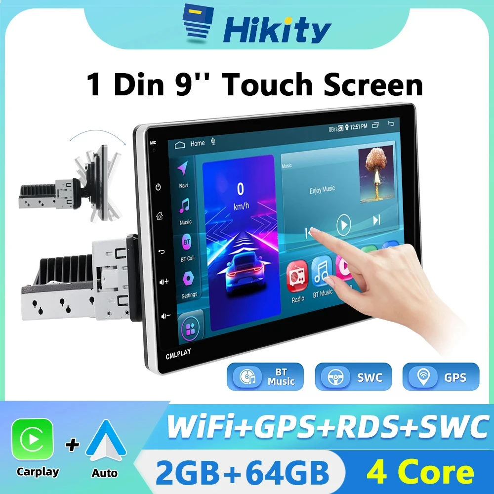 Hikity 2G+64G Android 1din Car Radio 9''autoradio Carplay Rotatable Screen Bluetooth FM Radio Receiver GPS Navigation