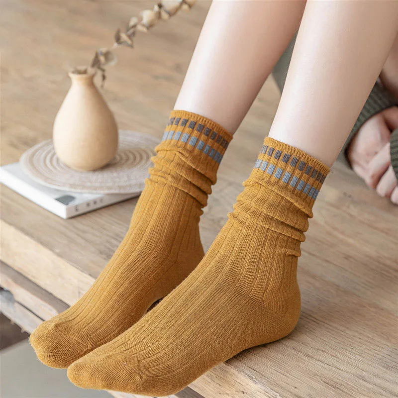 5pair/Lot Women Long Socks School Spring Autumn Knitting Striped Polyester Cotton Middle Tube Loose Sock Breathable Calcetines