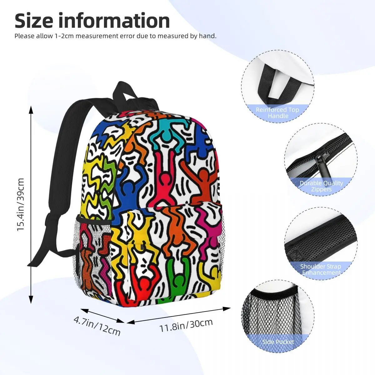 Geometric Colorful Haring Stick Figure Acrobats Backpack School College Students Bookbag 15 Inch Laptop Abstract Pop Art Bags