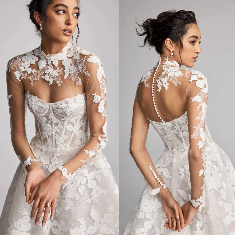 Gorgeous Applique Wedding Jackets Full Sheer Sleeve High Neck Bridal Bolero Back Button Prom Party Wraps For Women Customized