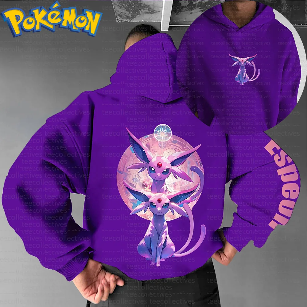 ชุดเสื้อฮู้ดผ้าฝ้ายลายการ์ตูนโปเกมอนพร้อมกางเกงสไตล์ฮาราจูกุ สีม่วง พิมพ์ลายตัวละครพร้อมลวดลายดวงตาสีแดงเรืองแสง ชุดลำลองสองชิ้น