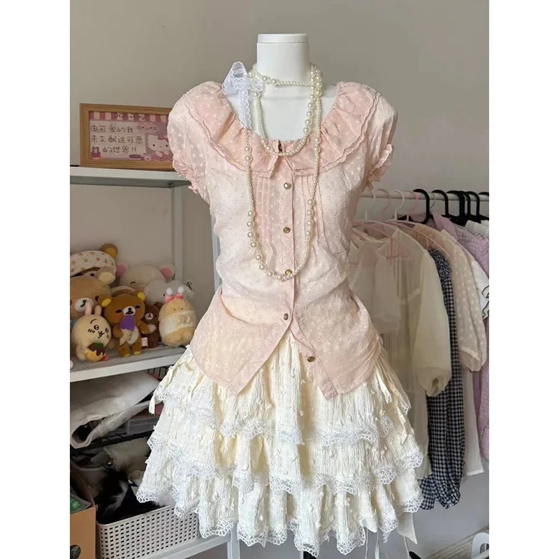 

Sweet Kawaii Women Skirt 2 Piece Set Vintage Chic Printed Tops Y2K Lace Patchwork Cute Mini Skirt Summer Japanese Preppy Suit