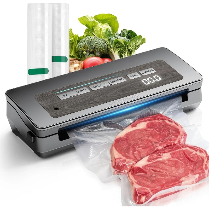 Vacuum Sealer Machine, 90kPa 120W Wide Seal All-IN-1 Powerful Food Storage, Build-in Cutter | Bags Storage | Digital Countdown