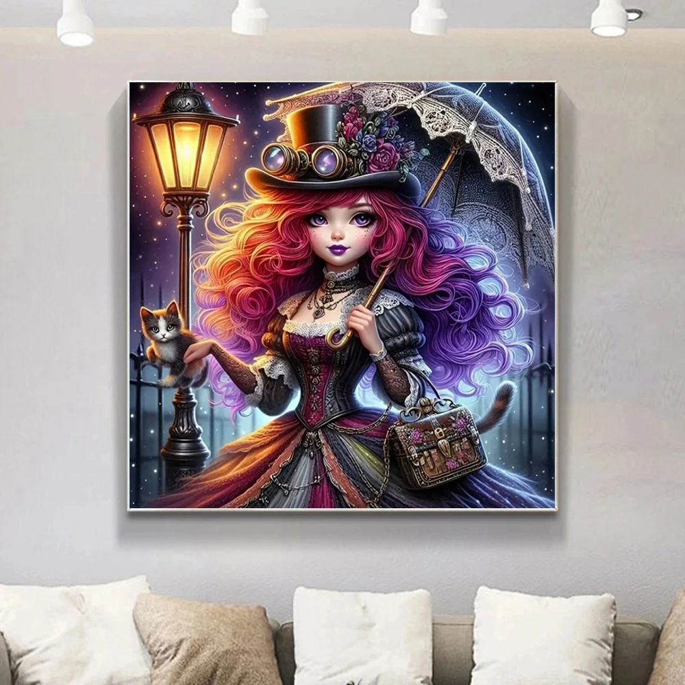 Hexe Mädchen Diamant Mosaik Porträt voller Runde Diamant Malerei Frau DIY mag Katze Stickerei Cartoon Handwerk Home Dekoration