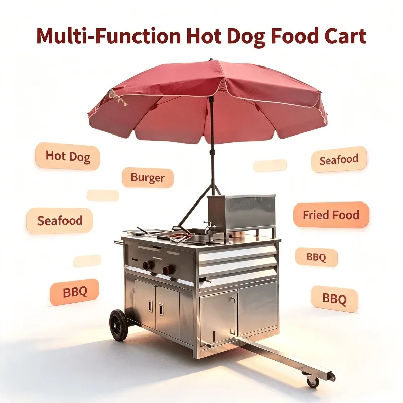 Street Catering Towable Food Cart Stainless Steel Hot Dog Stand with Worktable for Fried Seafood Hamburger Customized