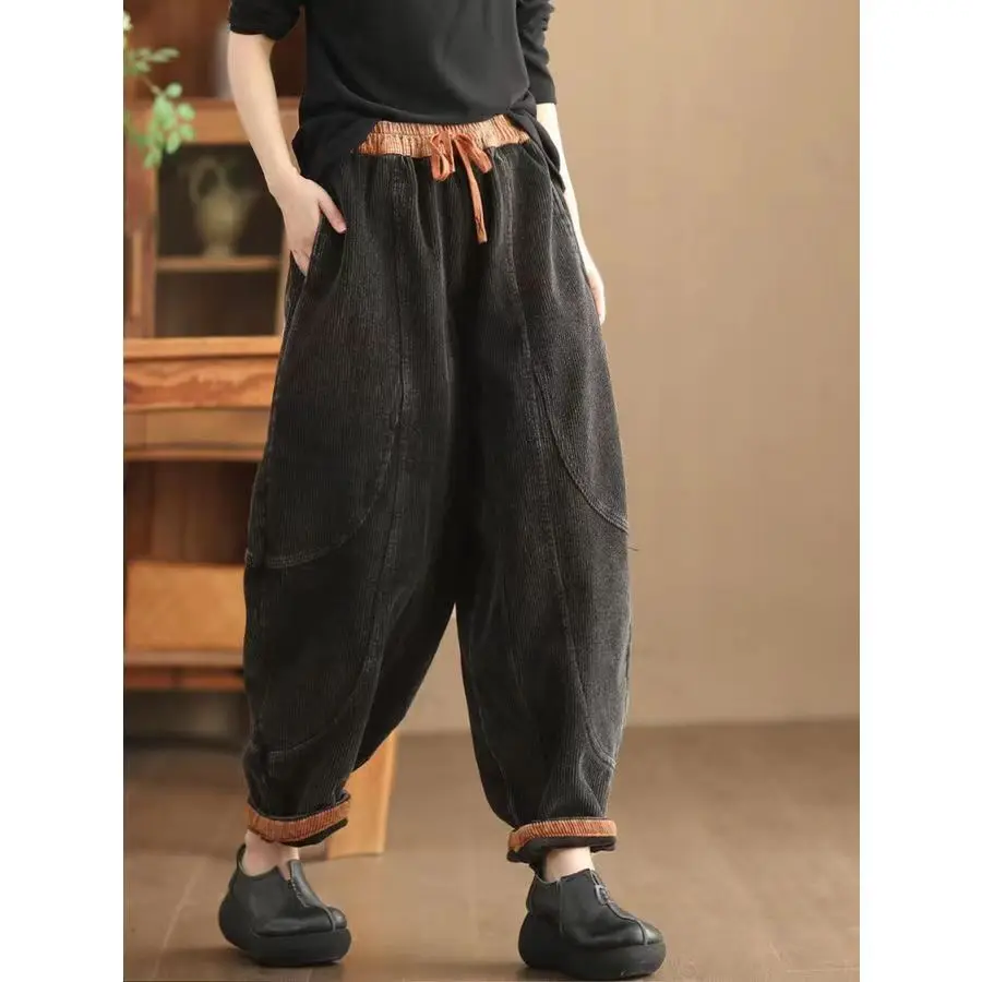 Thiened القطن سروال قصير Fce اصطف سراويل تقليدية المرأة Bootcut فانوس هارلان السراويل عالية الخصر السراويل الطويلة تخفيف Sle