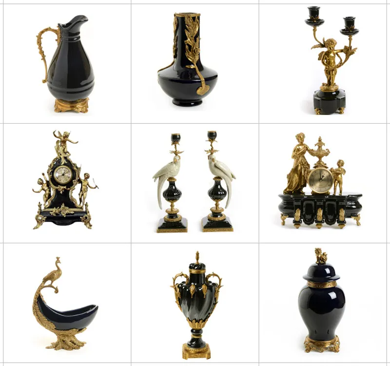 American black ceramic with copper clock candlestick French creative entrance fireplace high-end model room decoration, ornament