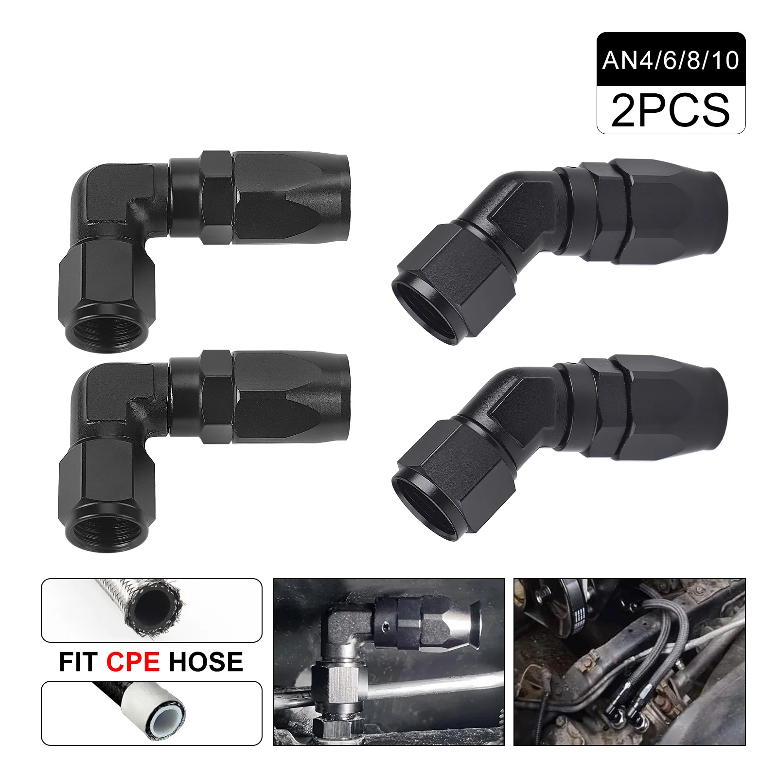 

45 Degree 90 Degree Aluminium Alloy Hose End Fitting Adapter 2 PCS Forged Type Swivel Hose End Fitting Adapter AN4 AN6 AN8 AN10