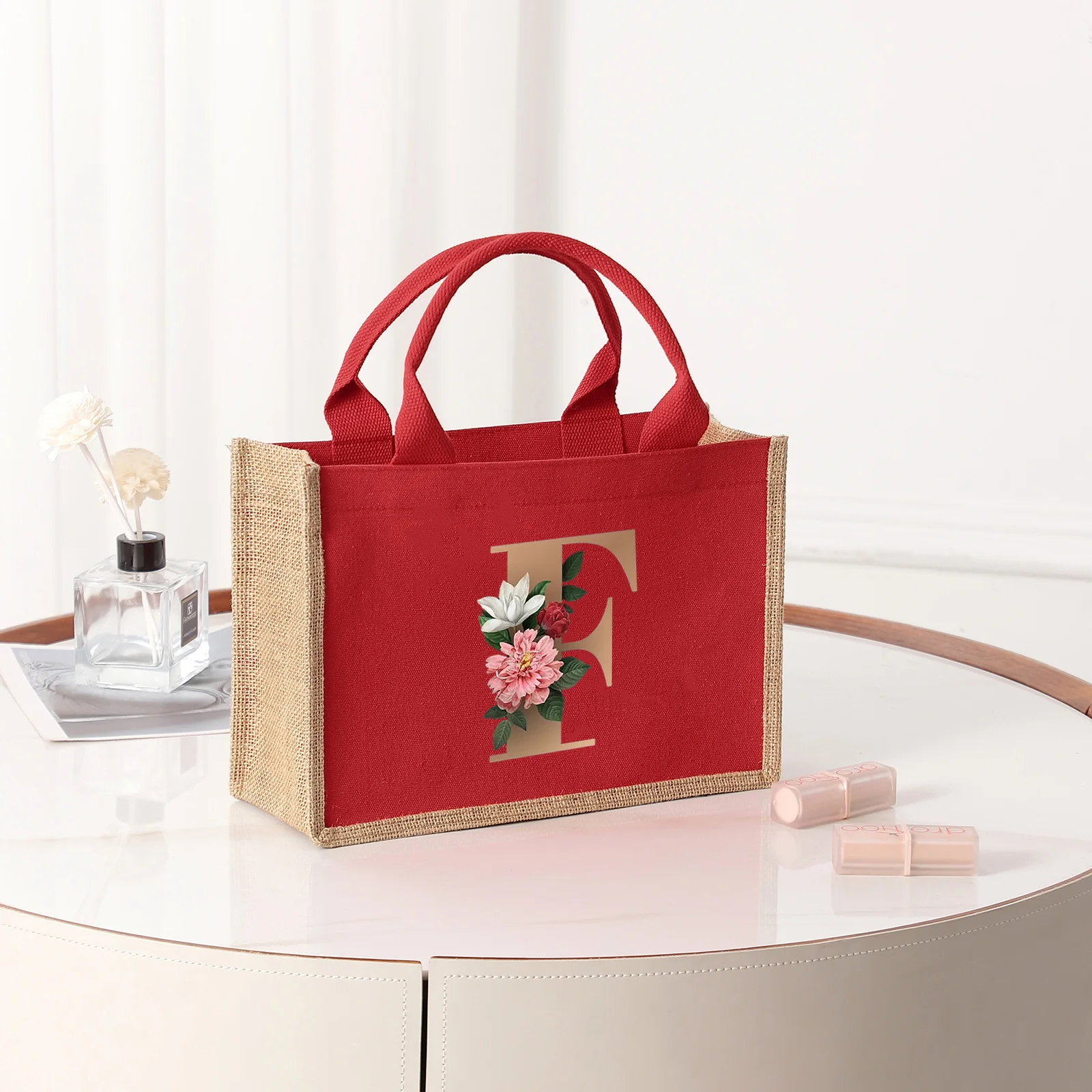 26 letter pattern, red canvas women\'s handbag, large capacity portable leisure beach bag, indoor waterproof