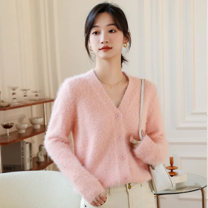 Long Haired Imitation Mink Fur Knitted Cardigan Spring And Autumn, Wom's New Thick Korean Version V-Neck Short Sweater For