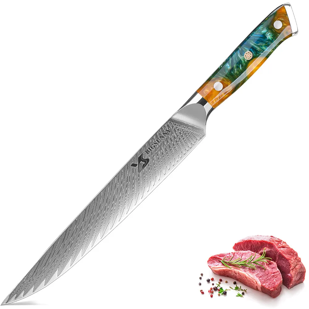 

BIGSUNNY Professional VG10 Steel 67 layers Damascus Carving Knife with Resin Handle Ultra Sharp Blade Kitchen Slicing Knife