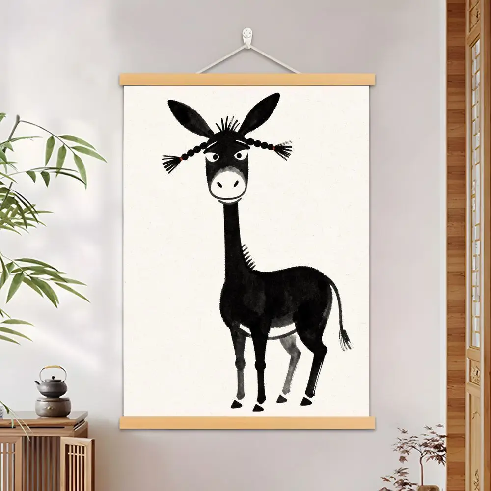 VIKAMA Chinese Ink Donkey Scroll Painting Canvas Wood Frame Wall Art Decor Vintage Unique for Living Room Study Office