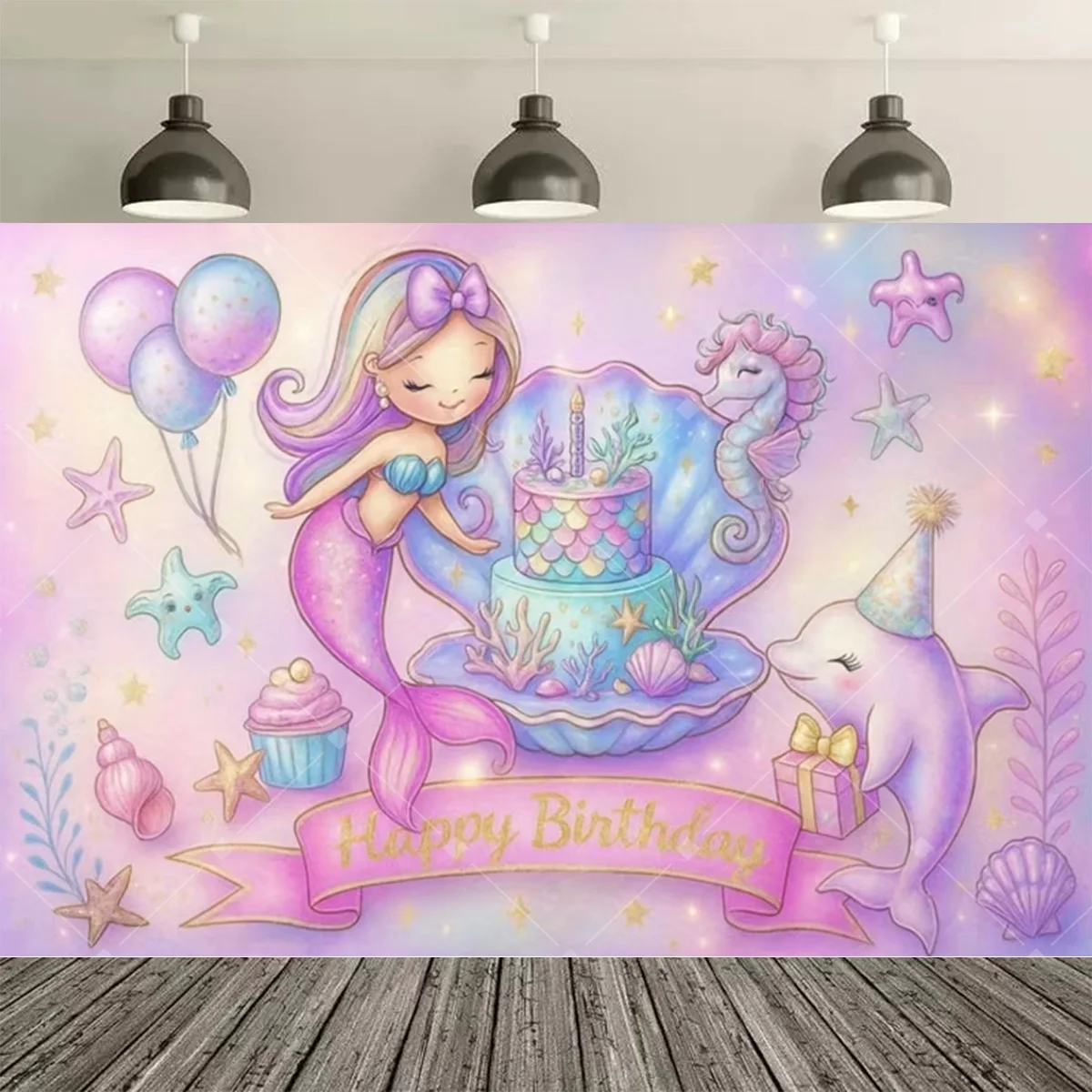 Unterwasserwelt Meerjungfrau Geburtstagsparty Dekoration Hintergrund Meerjungfrauenschwanz Geburtstagsbanner Mädchen Party Studio Kuchentisch Deko – Detail 9