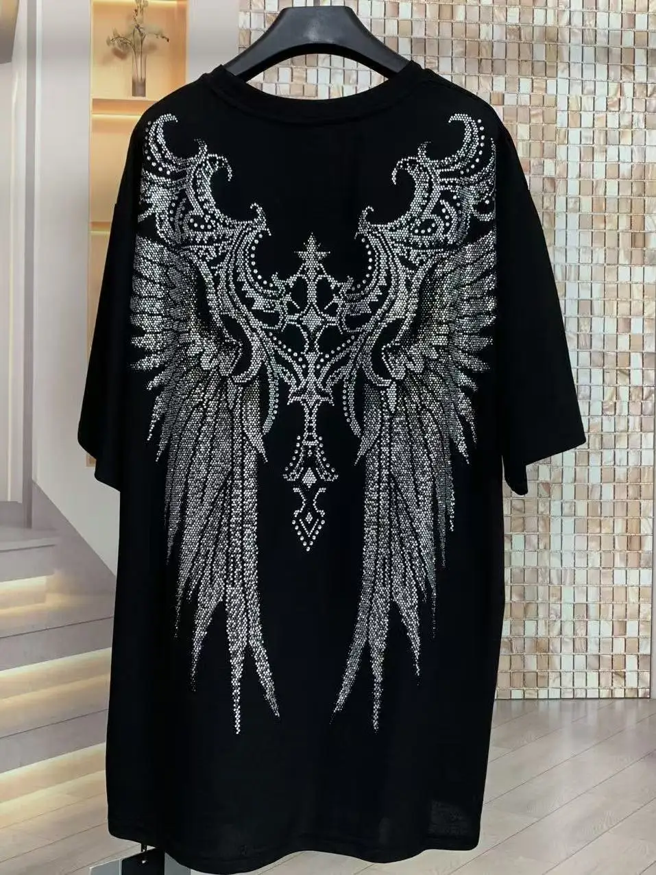 Fashionable round Neck Short Sleeve T-Shirt Men Women Heavy Duty Front And Back Rhinestone Large Wings Creative Cotton Tees