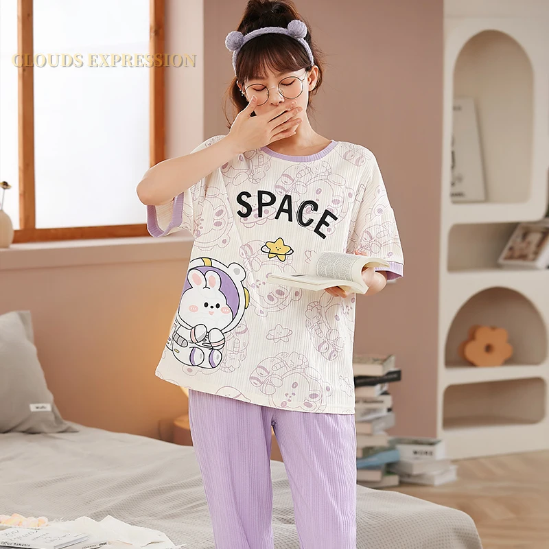 Spring Summer Nightwear Girsl PJ Elegant Women Pajama Sets Pyjamas Femme Plaid Sleepwear Purple Loungewear Pijama Mujer Homewear