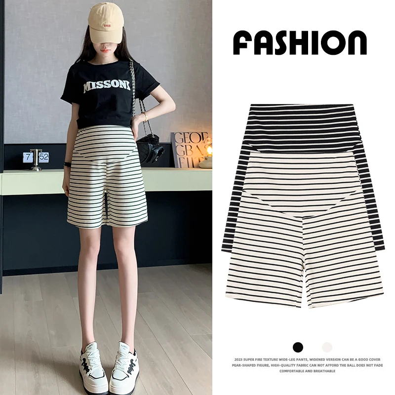 High Waist Maternity Pants Striped Shorts Drawstring Knitted Loose Straight Clothes For Pregnants Contrast Pregnancy Trousers