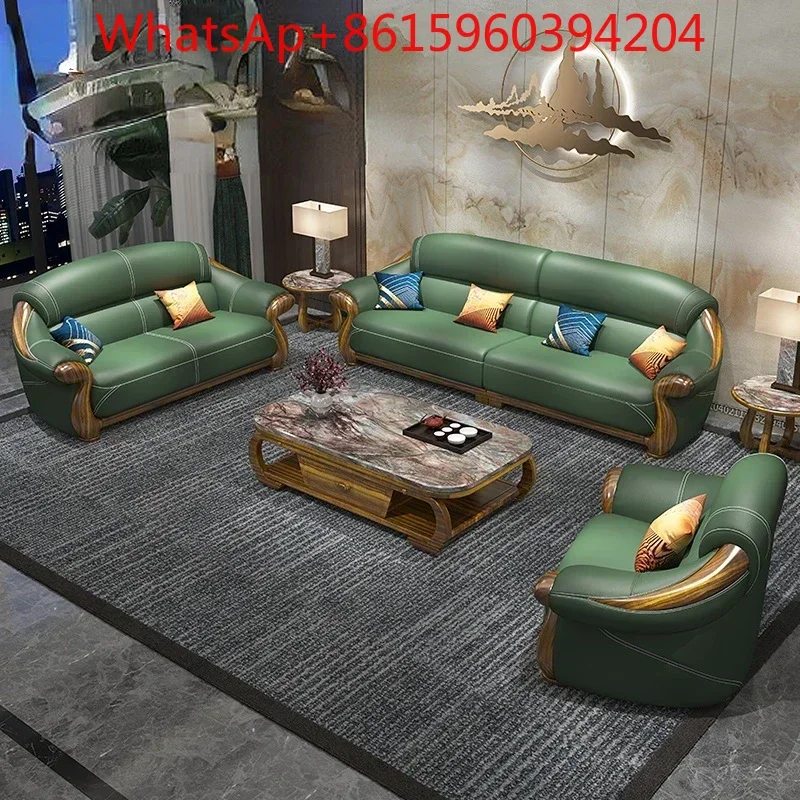 Ebony leather sofa European solid wood carved villa head floor cowhide light luxury new Chinese living room