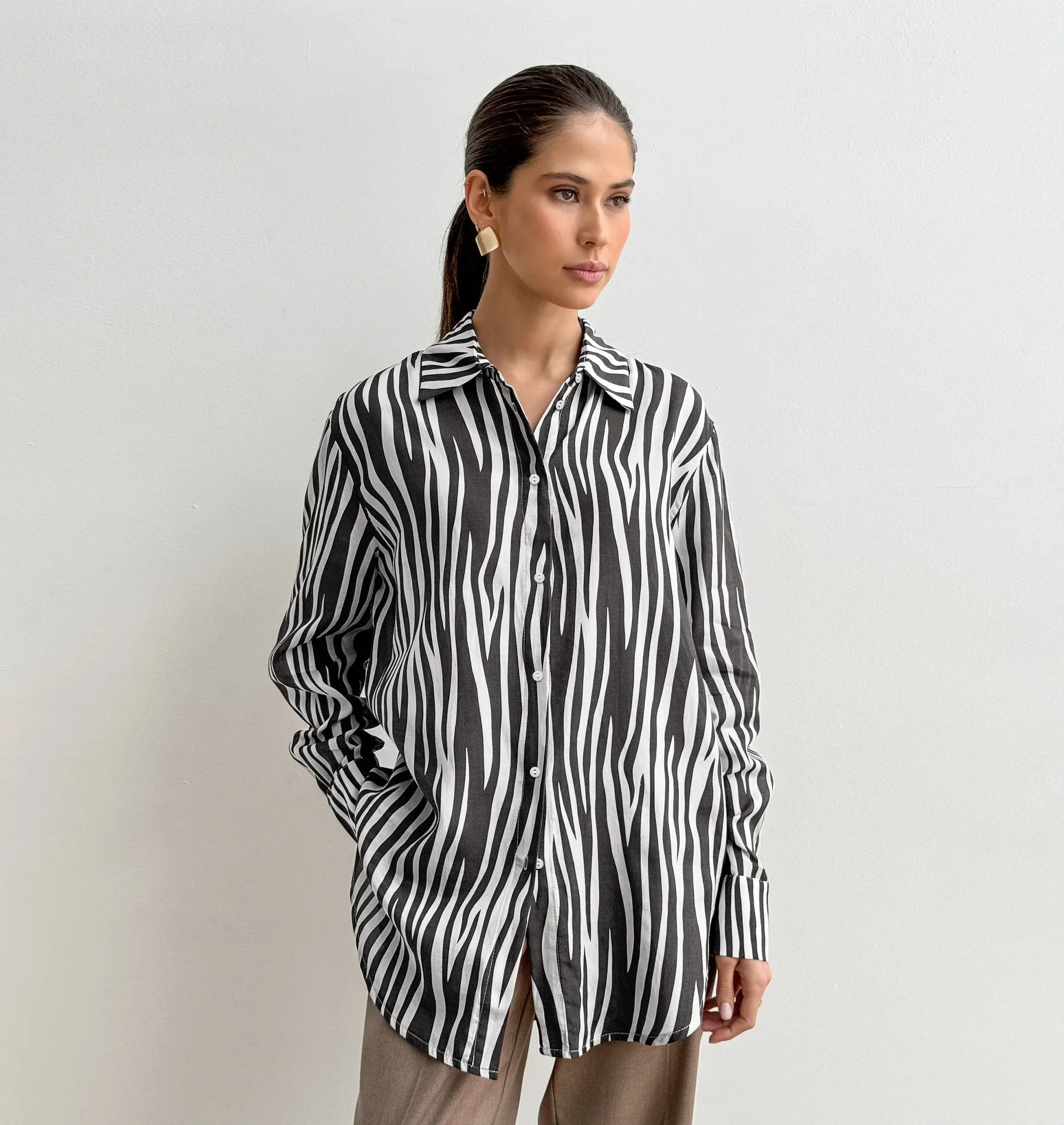 2025 Fashion Women's Printing Shirts Zebra-Stripe Classic Lapel Long Sleeves Blouses And Tops Autumn Winter Button Office